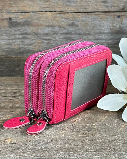 purses Double Zipped Leather Card Holder Purse - Fuchsia