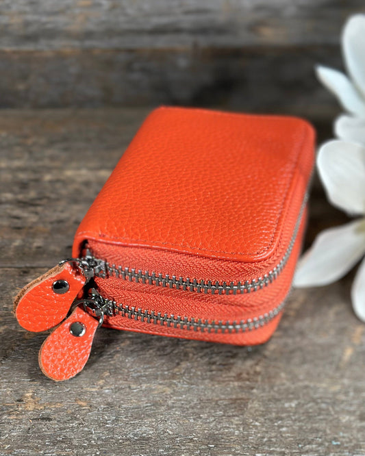 purses Double Zipped Leather Card Holder Purse - Orange