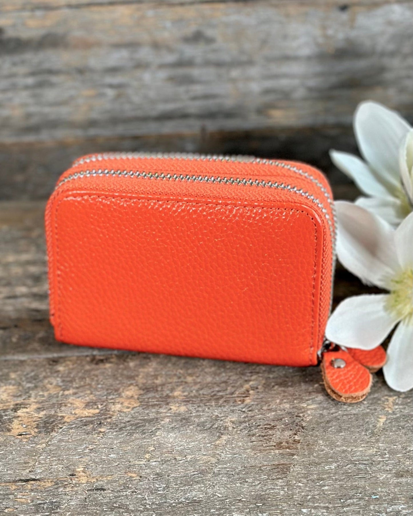 purses Double Zipped Leather Card Holder Purse - Orange