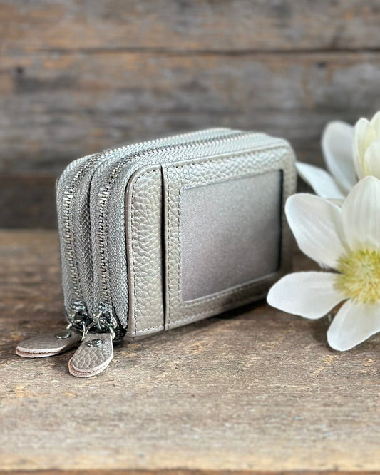 purses Double Zipped Leather Card Holder Purse - Pale Grey