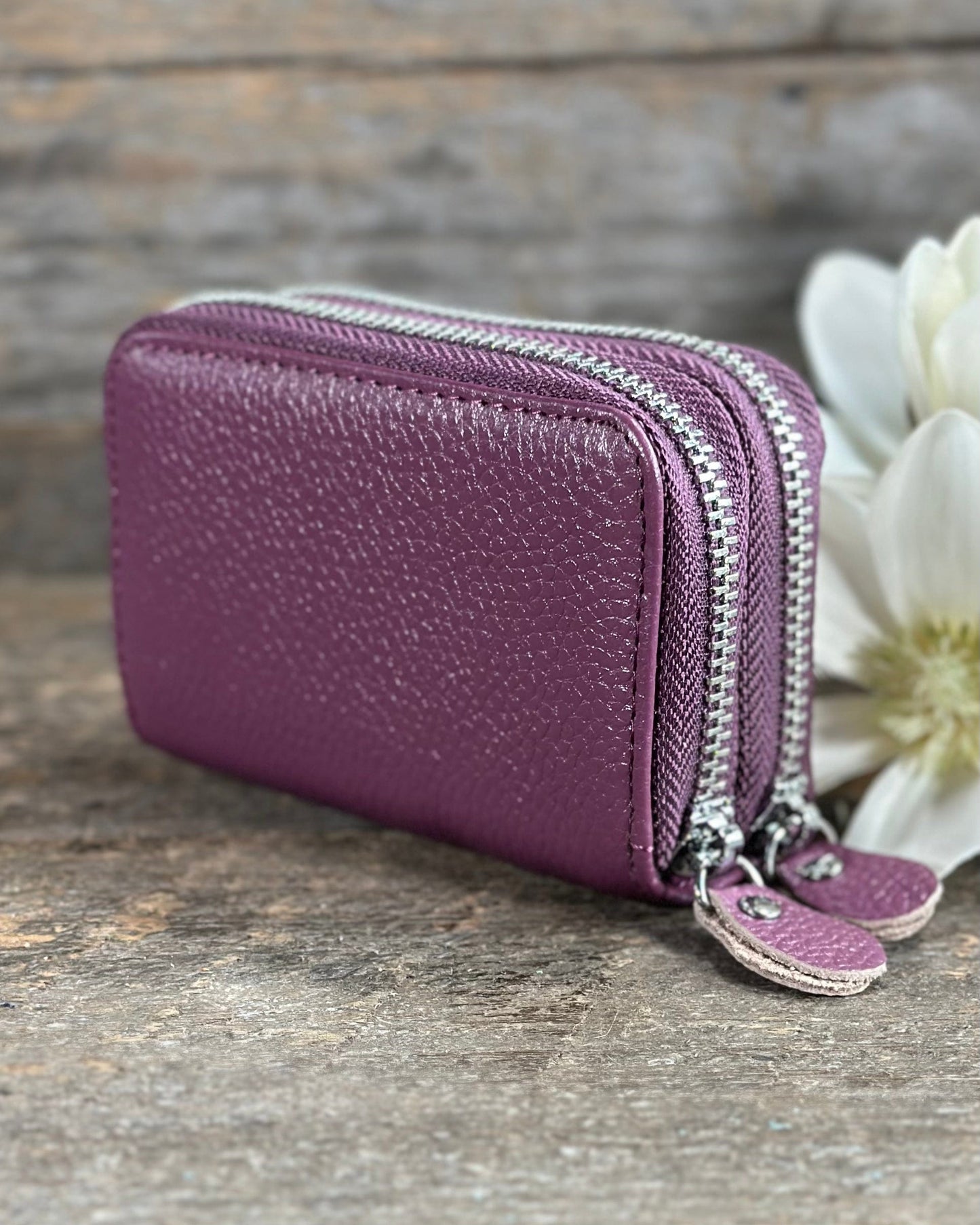 purses Double Zipped Leather Card Holder Purse - Purple