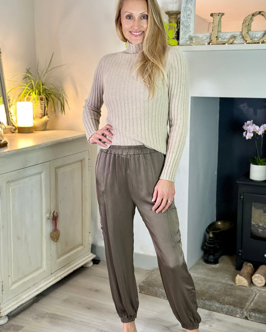 Satin Cargo Style Trousers - Mocha