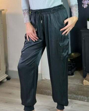 Satin Tie Waist Cargo Style Trousers - Charcoal