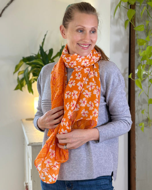 scarf Dot & Flower Patterned Recycled Scarf - Orange