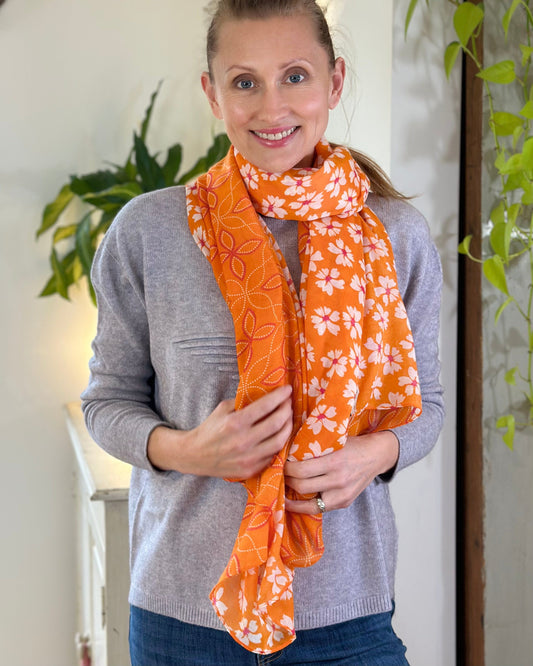 scarf Dot & Flower Patterned Recycled Scarf - Orange