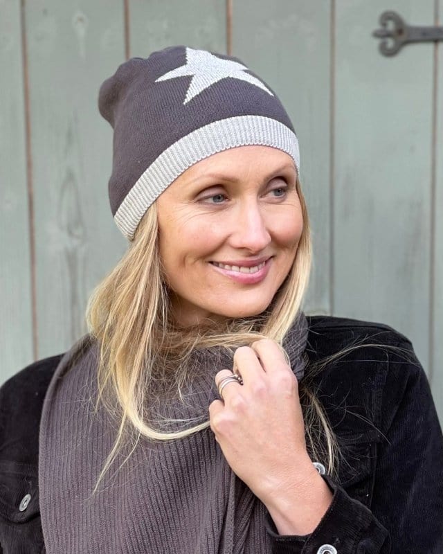 scarf Knitted Cotton Lurex Star Beanie - Charcoal/Pale Grey