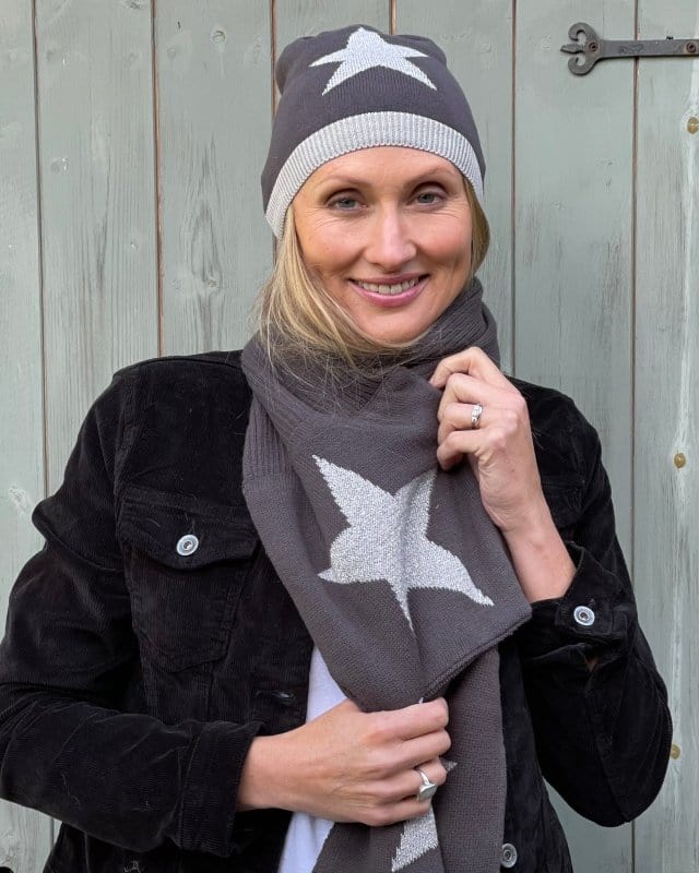 scarf Knitted Cotton Lurex Star Beanie - Charcoal/Pale Grey