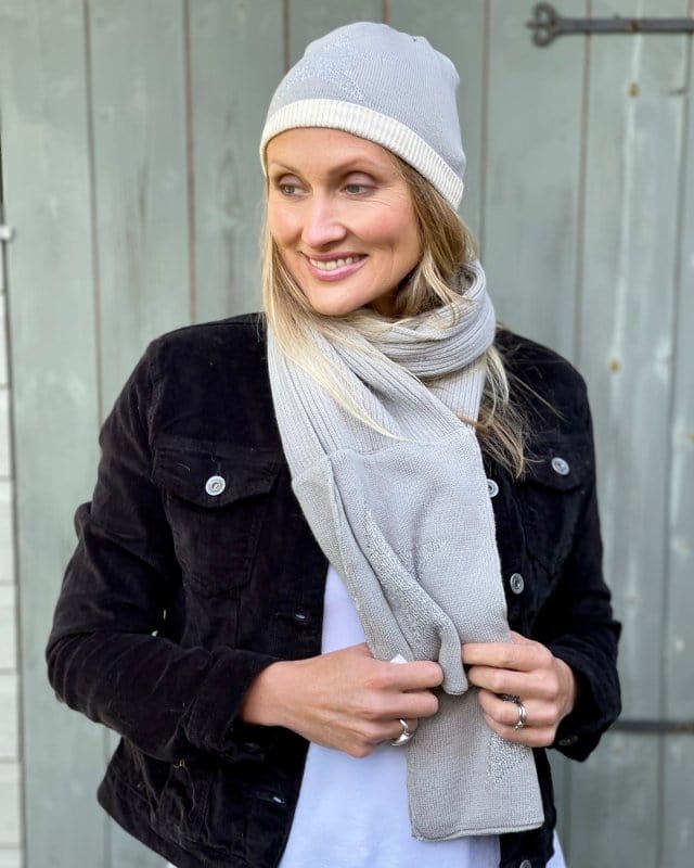 scarf Knitted Cotton Lurex Star Beanie - Pale Grey/Beige