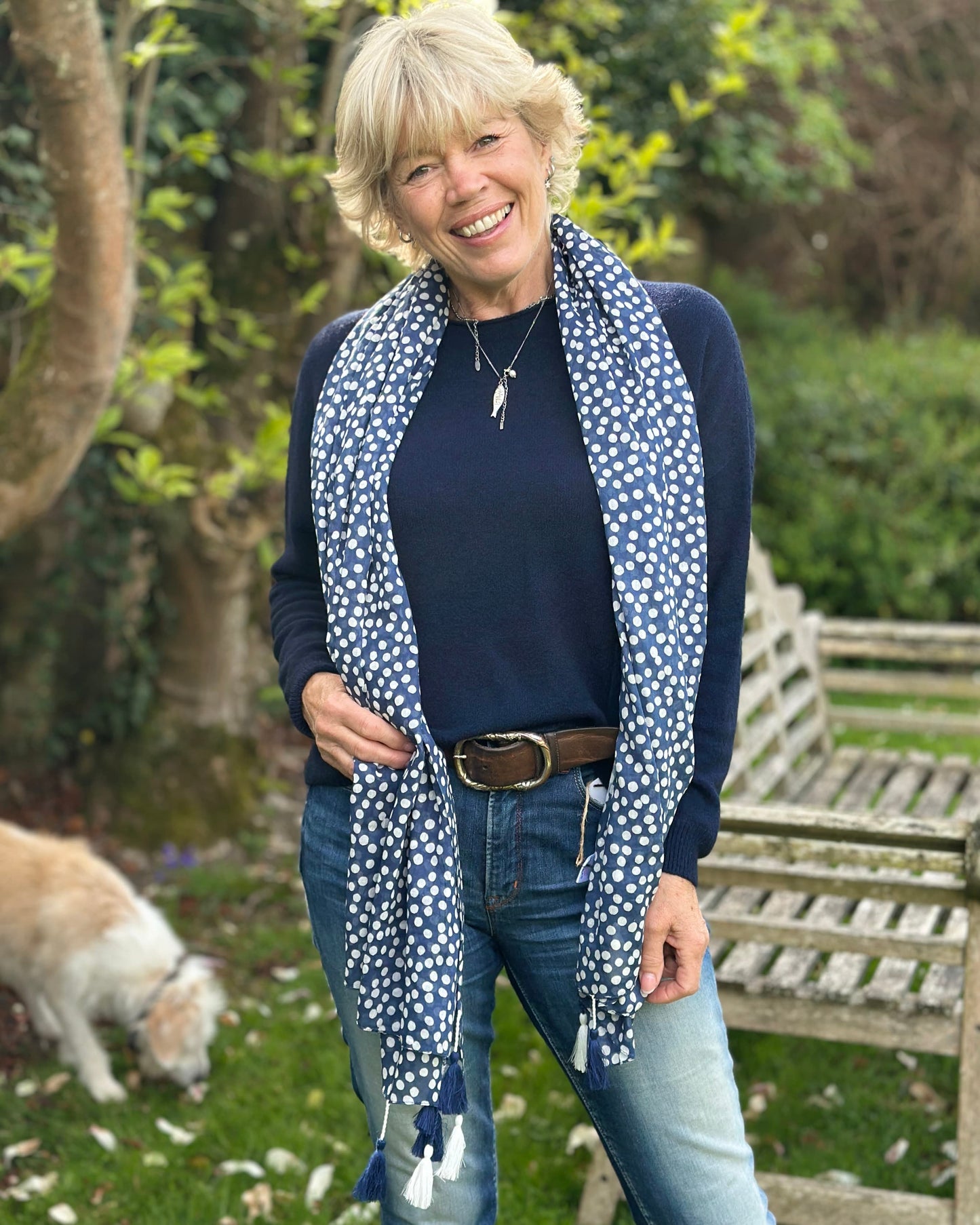 scarf Organic Cotton Print Scarf - Navy Polka Dot With Tassels