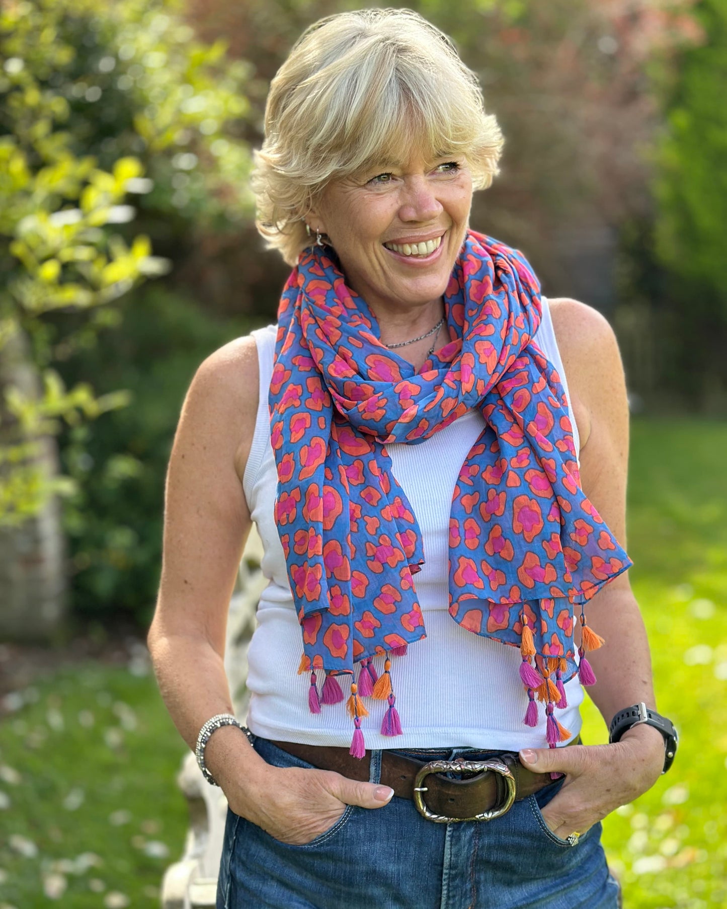 scarf Organic Cotton Print Scarf - Pink/Blue Camo With Tassels
