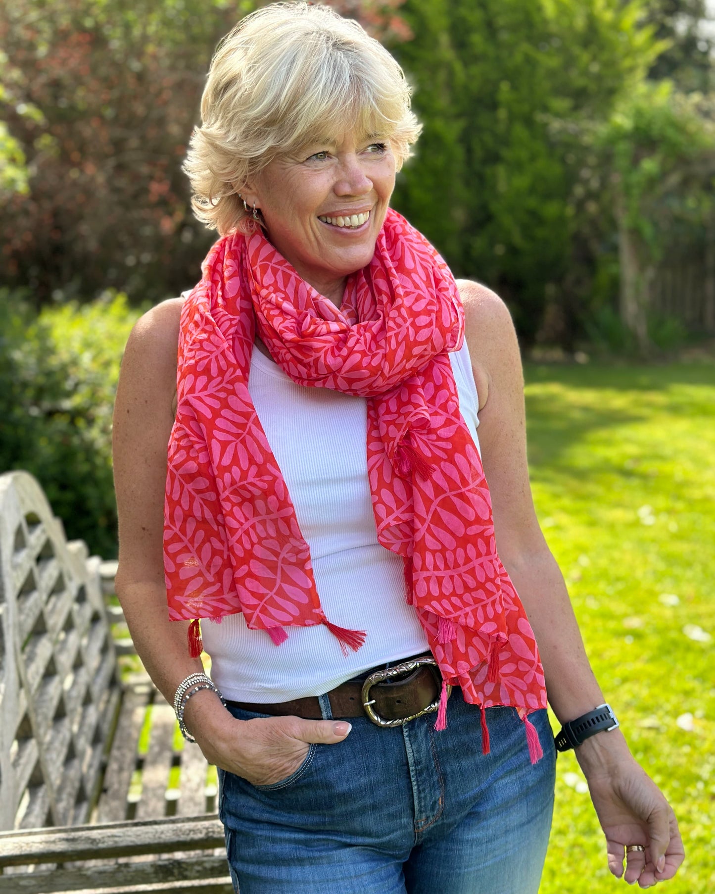 scarf Organic Cotton Print Scarf - Red/Pink Vine Silhouette With Tassels
