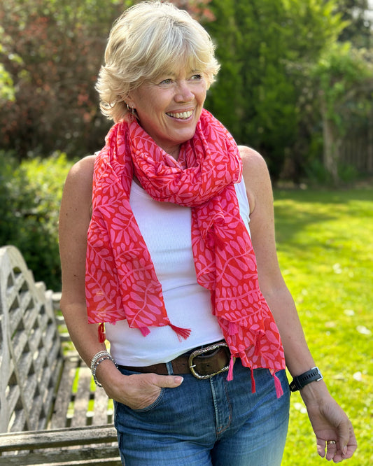 scarf Organic Cotton Print Scarf - Red/Pink Vine Silhouette With Tassels