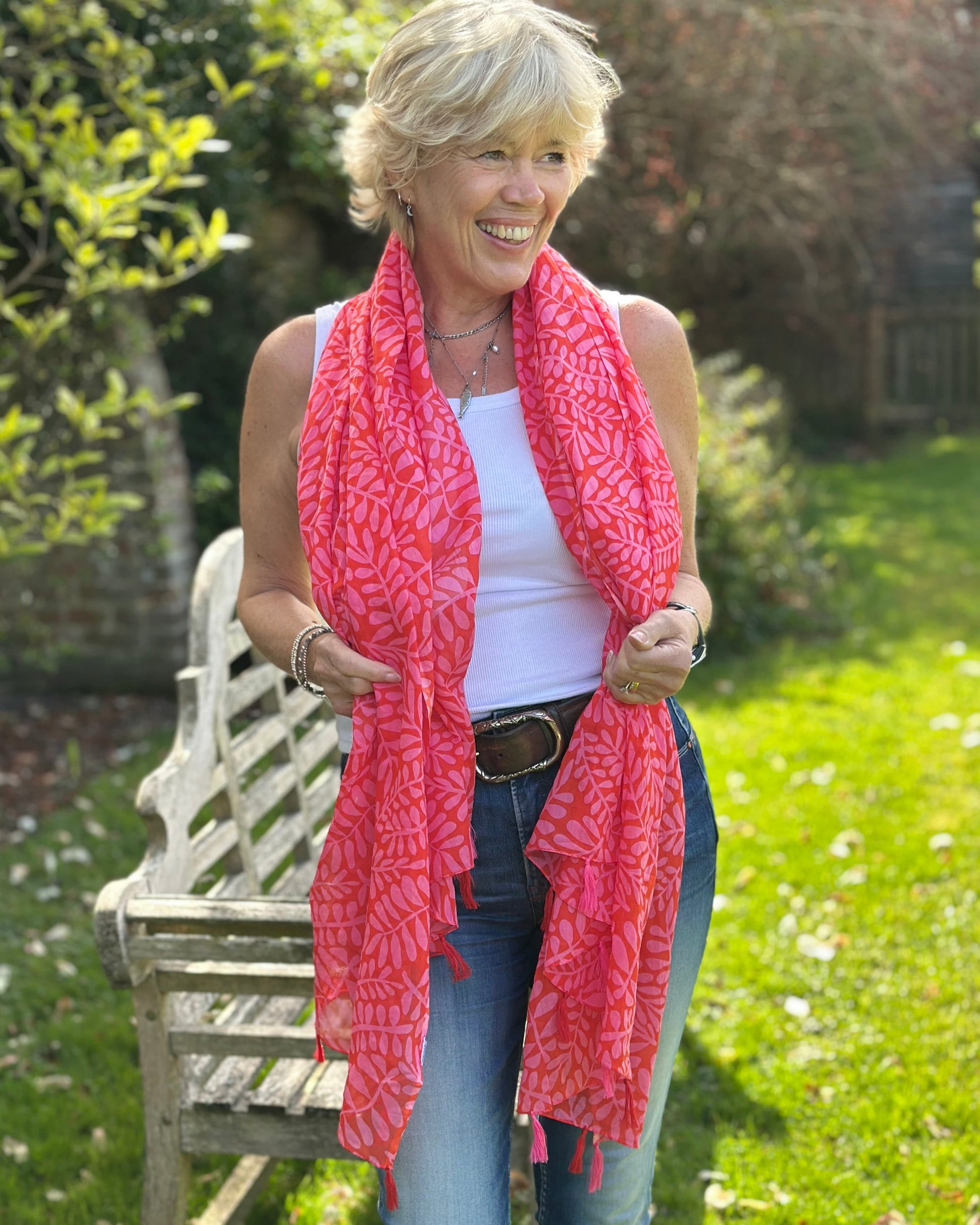 scarf Organic Cotton Print Scarf - Red/Pink Vine Silhouette With Tassels