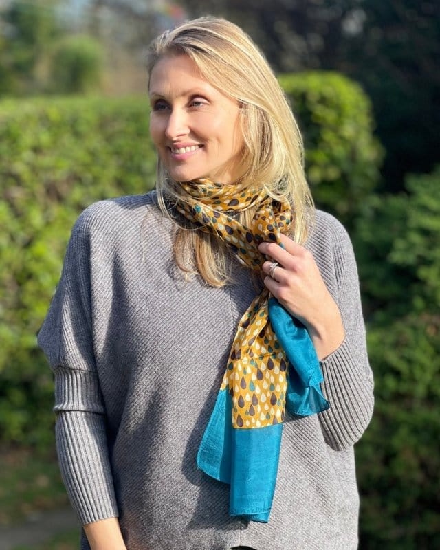 scarf Pure Silk Scarf - Teal And Ochre Raindrop Print