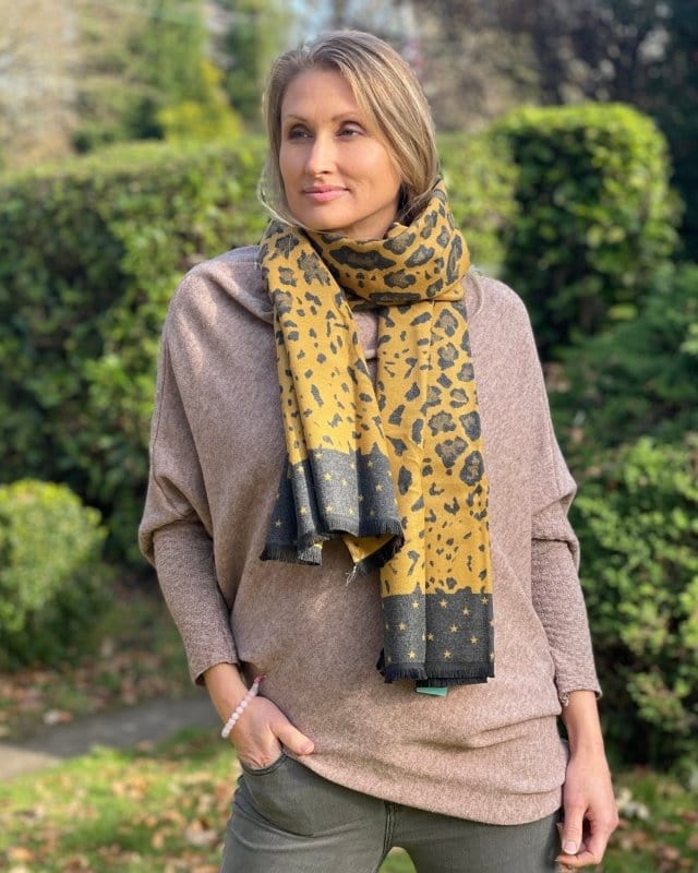 scarf Reversible Leopard Print Scarf - Mustard And Grey