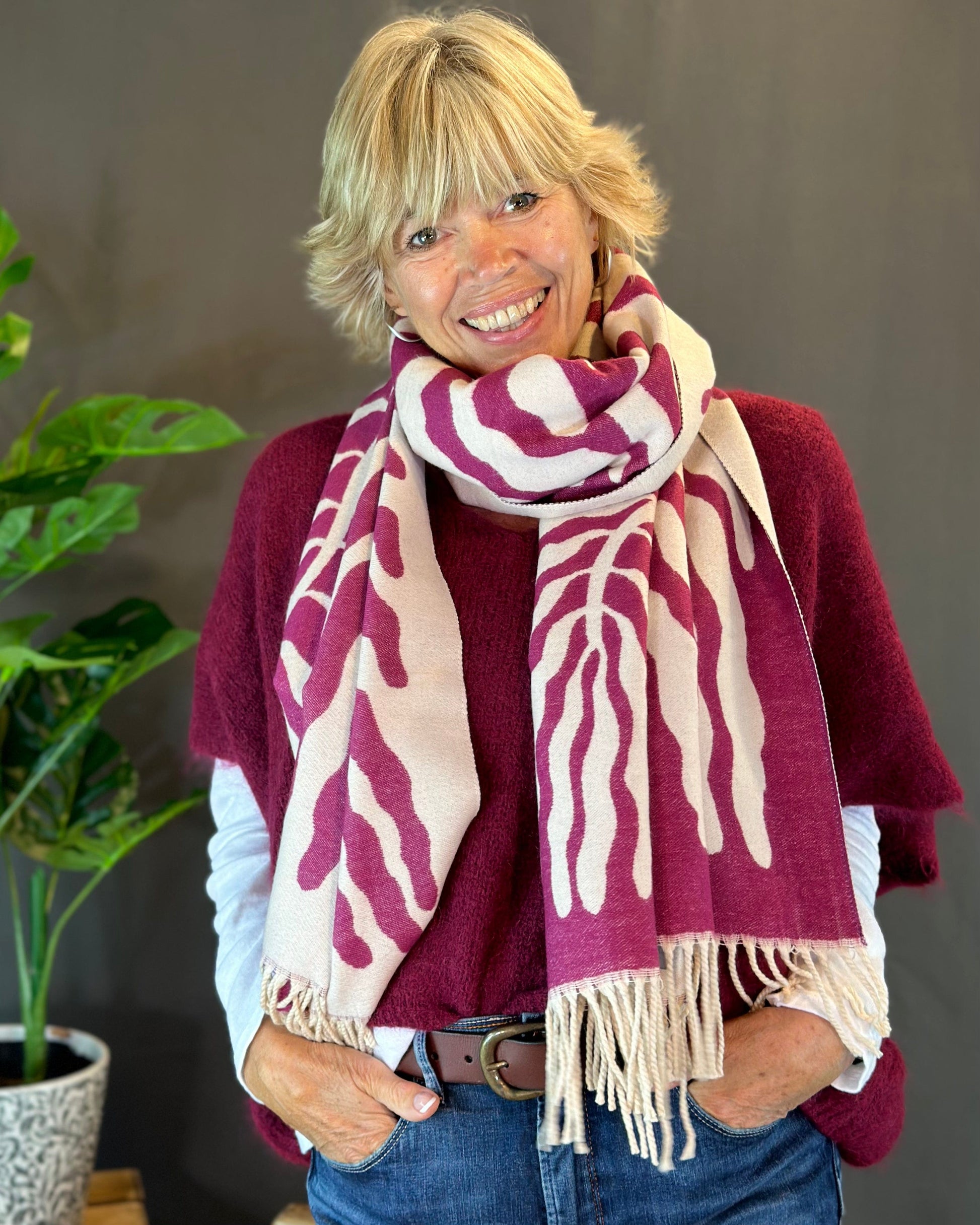 scarf Reversible Printed Winter Scarf - Cream/Raspberry