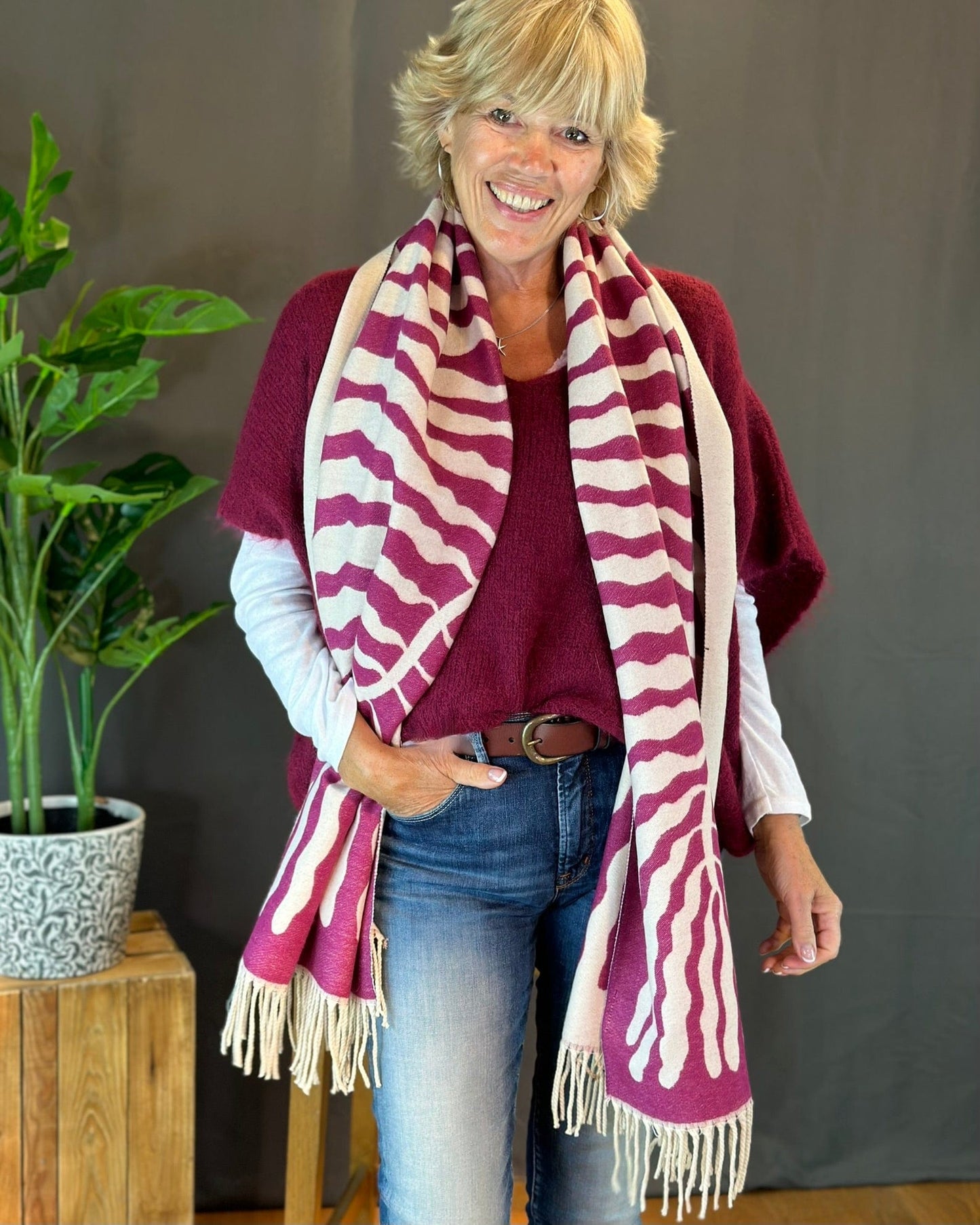 scarf Reversible Printed Winter Scarf - Cream/Raspberry