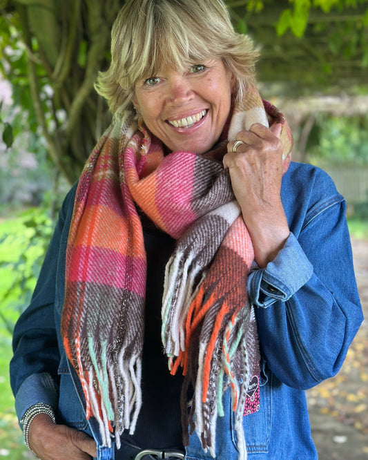 Scarves Cosy Winter Check Scarf - Orange/Cream/Browns/Pink