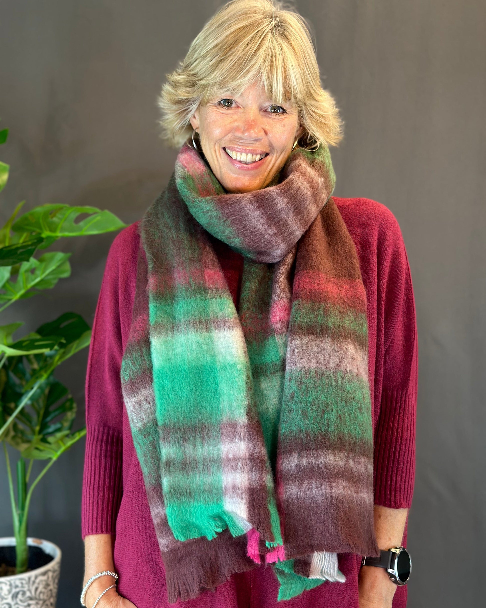 Scarves Cosy Winter Check/Striped Scarf -  Burgundy/Green