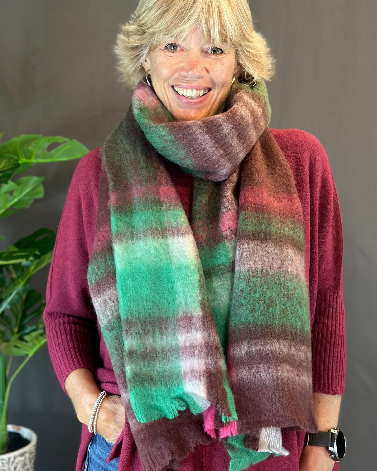 Scarves Cosy Winter Check/Striped Scarf -  Burgundy/Green