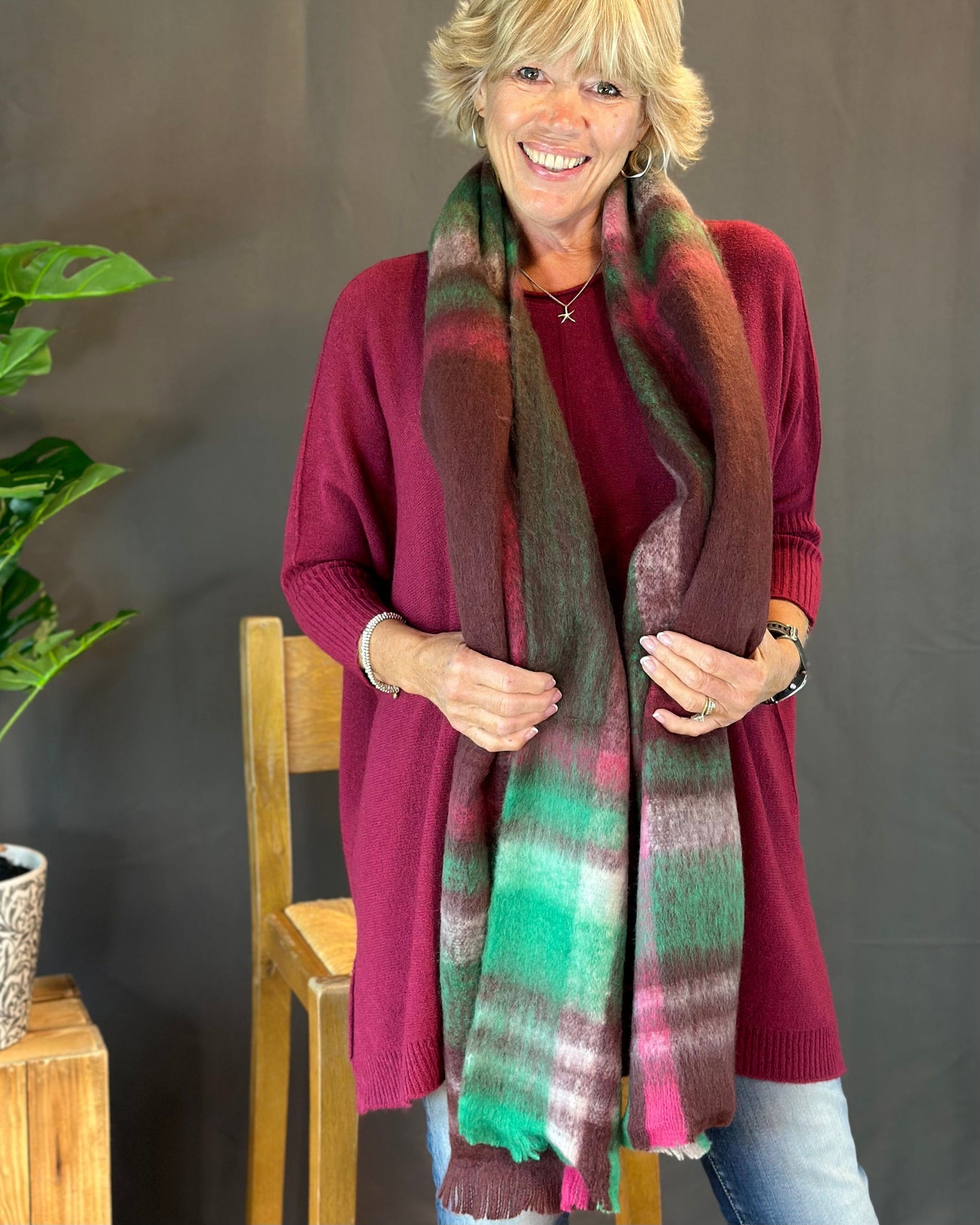 Scarves Cosy Winter Check/Striped Scarf -  Burgundy/Green