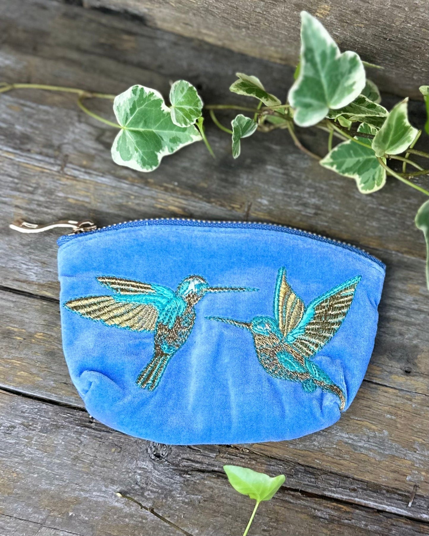 Velvet Hummingbirds Mini Coin Purse - Blue