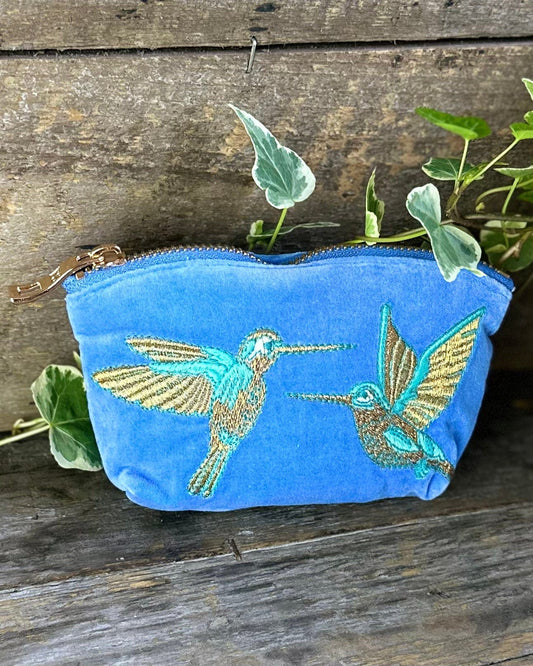 Velvet Hummingbirds Mini Coin Purse - Blue