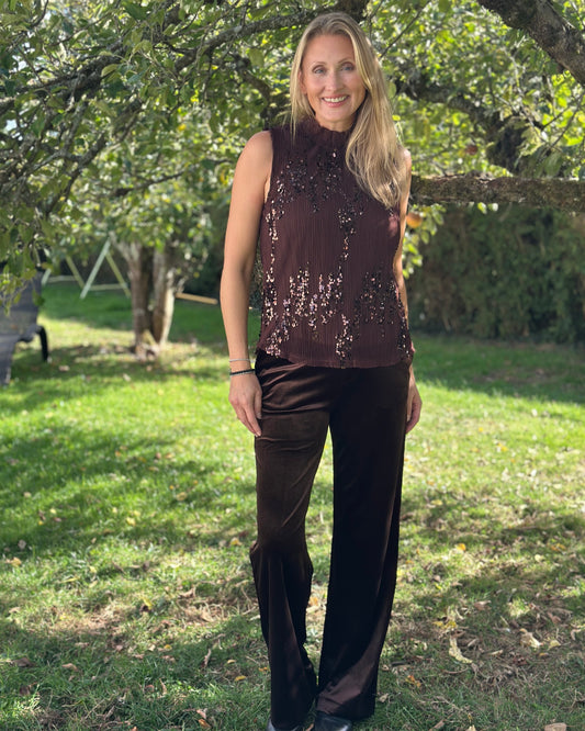 Wide Leg Velvet Trousers - Chocolate