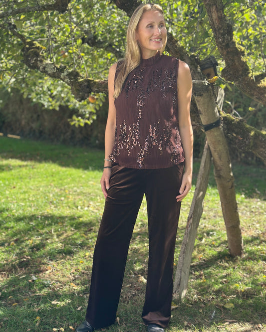 Wide Leg Velvet Trousers - Chocolate
