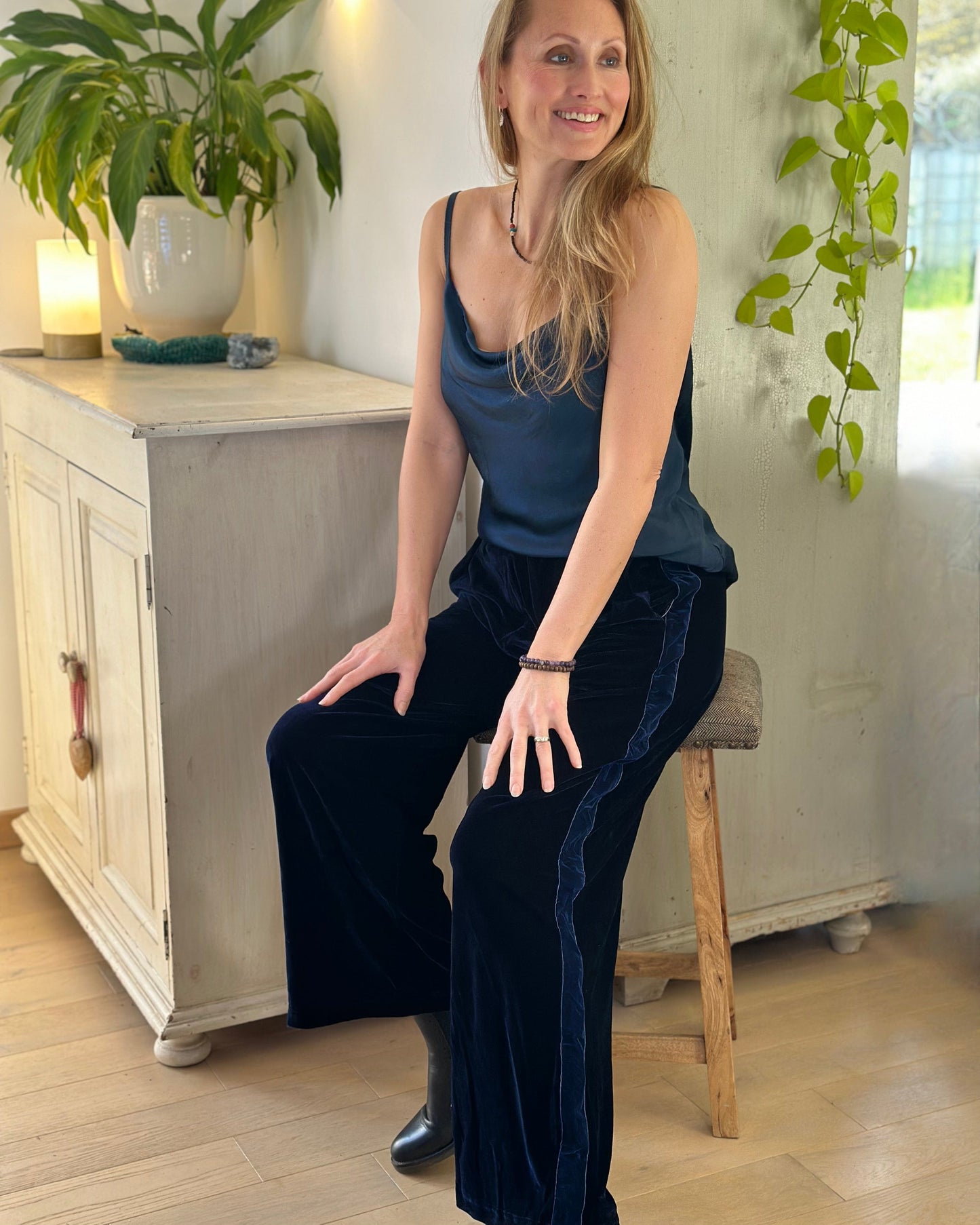 Wide Leg Velvet Trousers - Navy