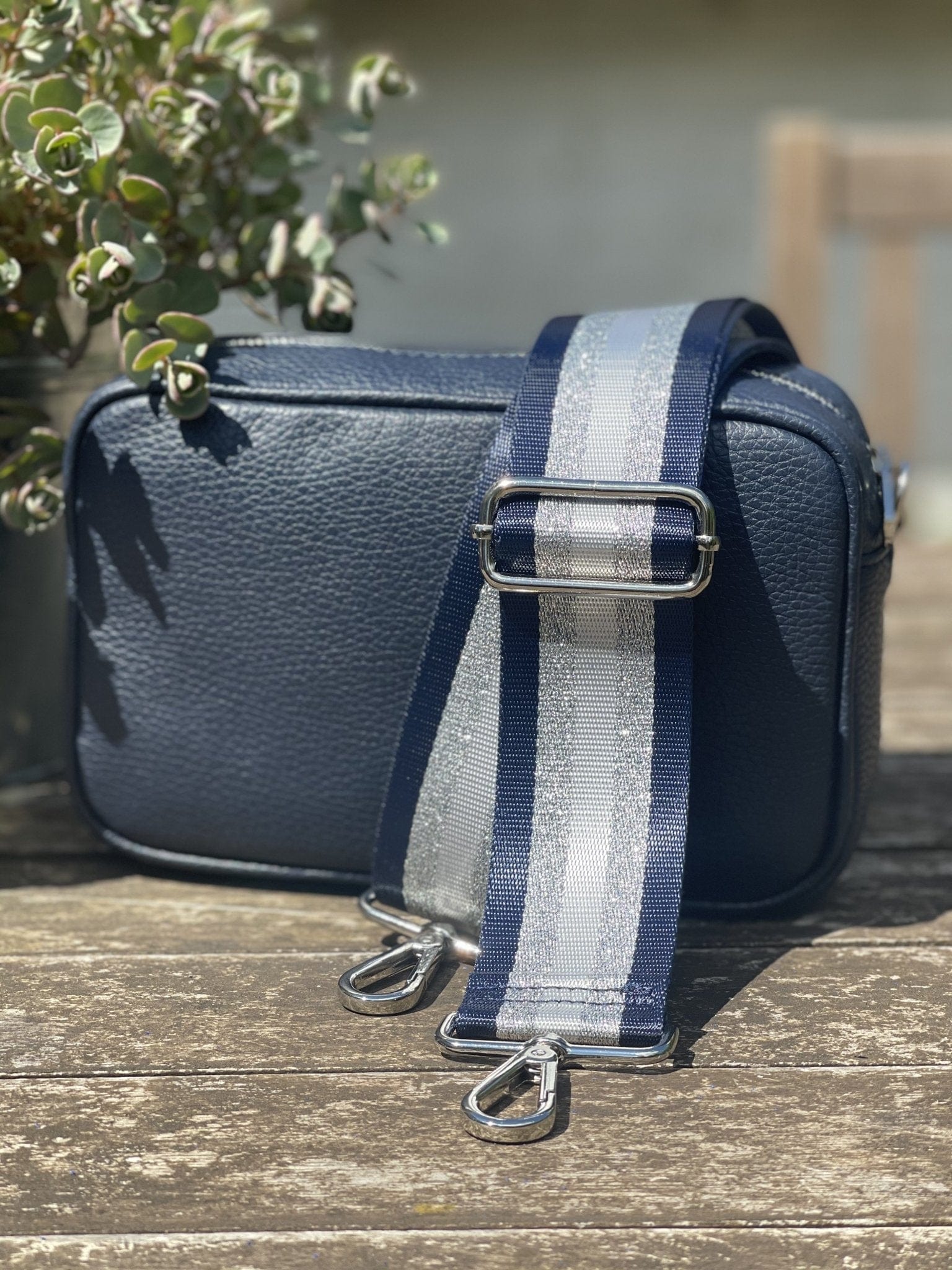 accessory Bag Strap - Silver, Navy And Silver Grey Stripe
