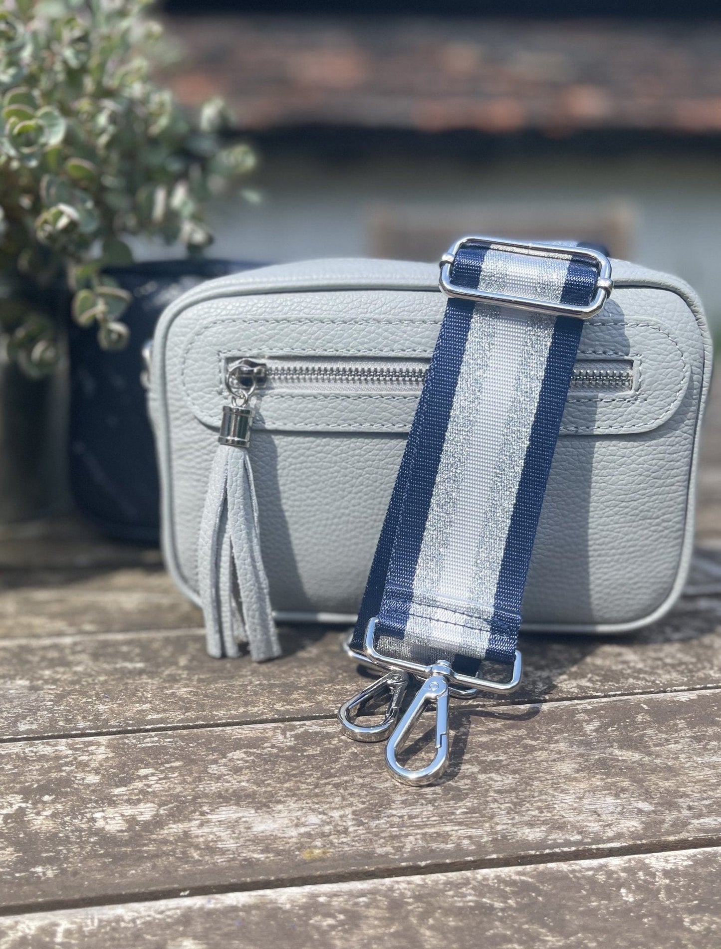 accessory Bag Strap - Silver, Navy And Silver Grey Stripe