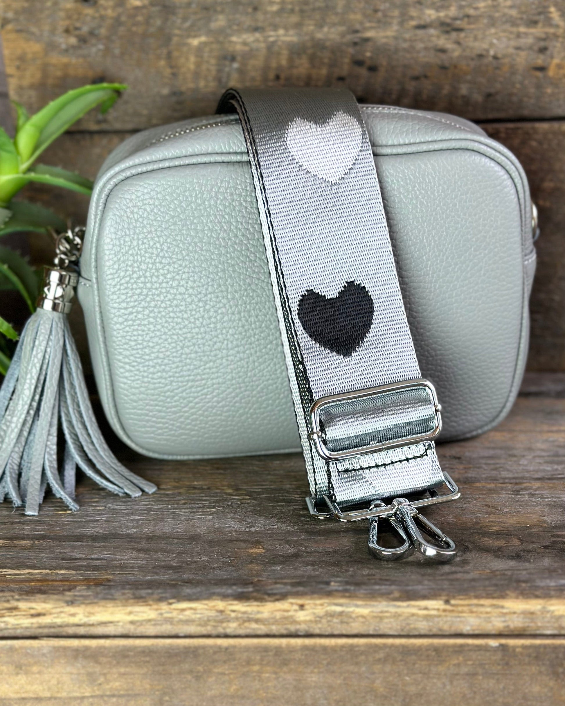 accessory Bag Strap - Silver, White & Black Hearts Print
