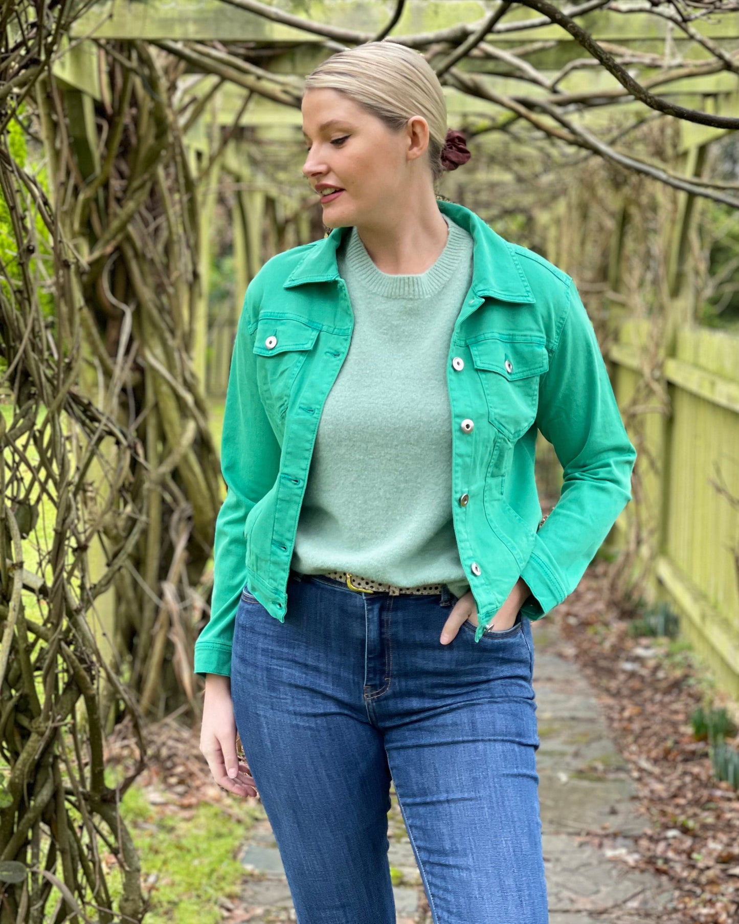 Long green denim jacket best sale