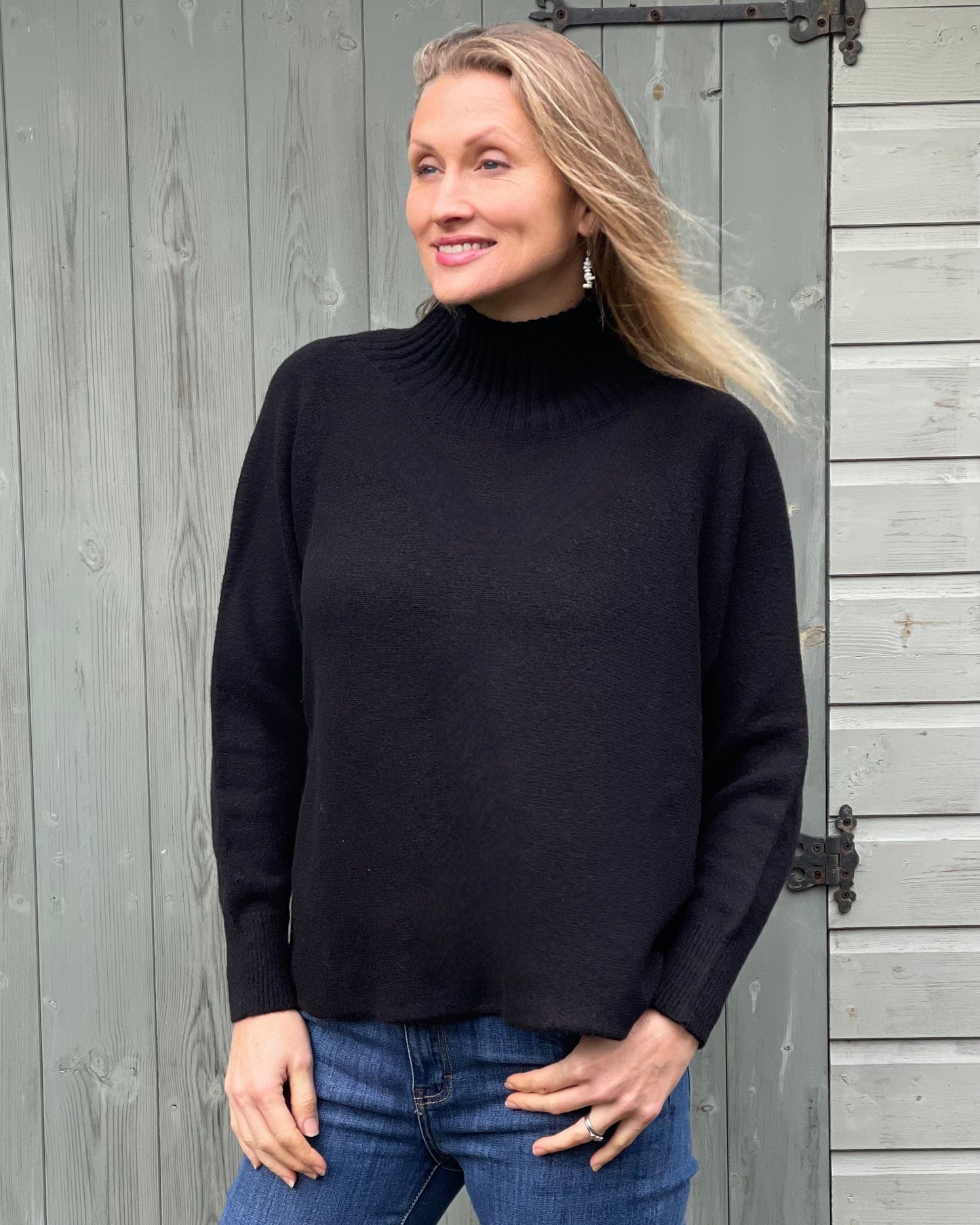 Clothing Funnel Neck Soft Knit Long Sleeve Jumper - Black