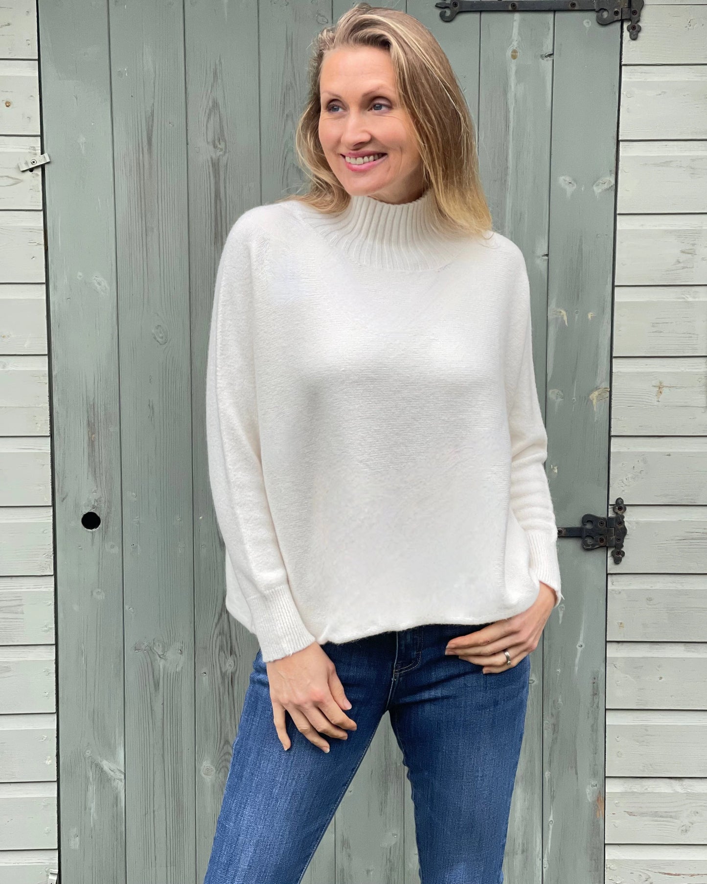 Clothing Funnel Neck Soft Knit Long Sleeve Jumper - Cream