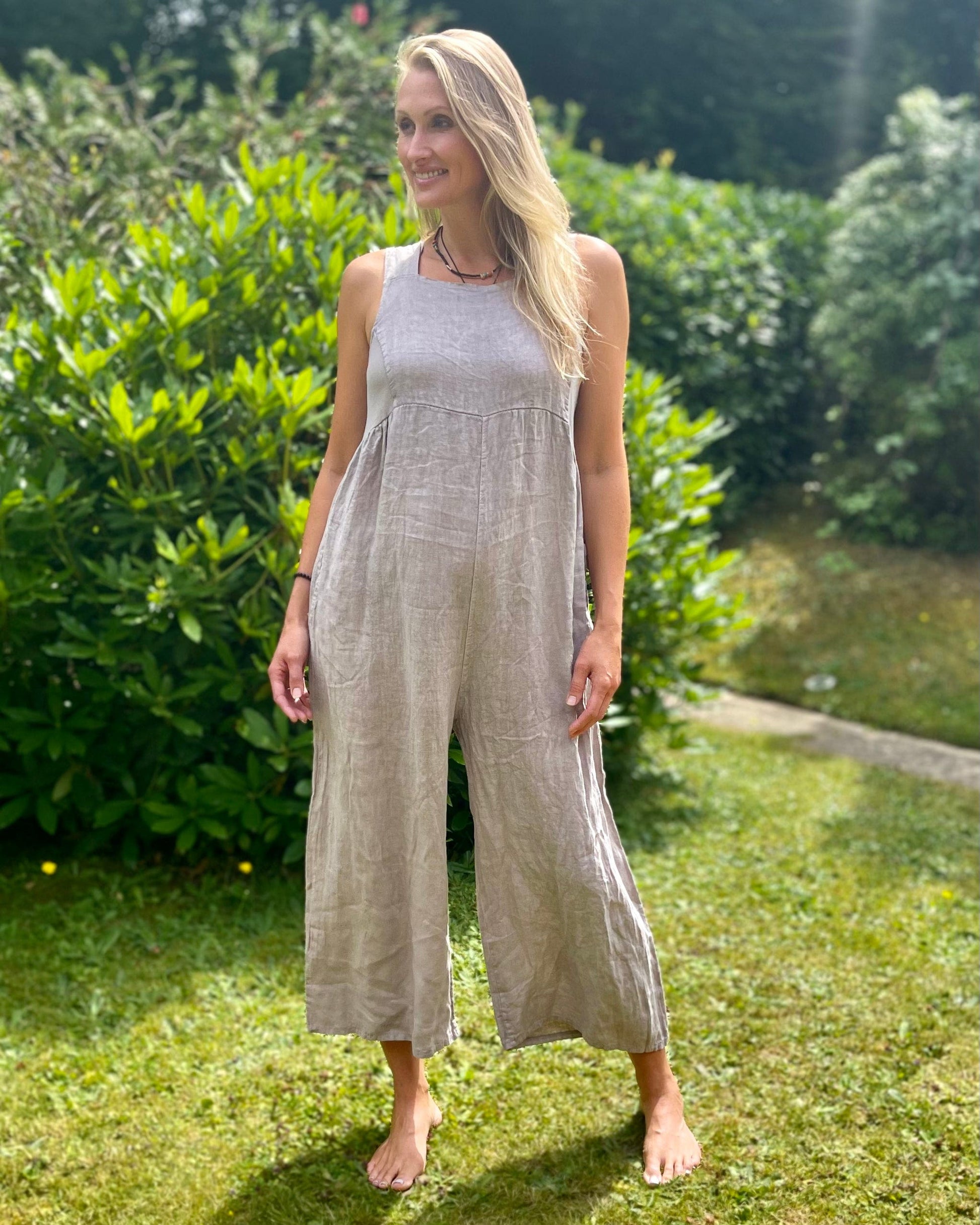 clothing Linen Zip Back Dungarees - Mocha