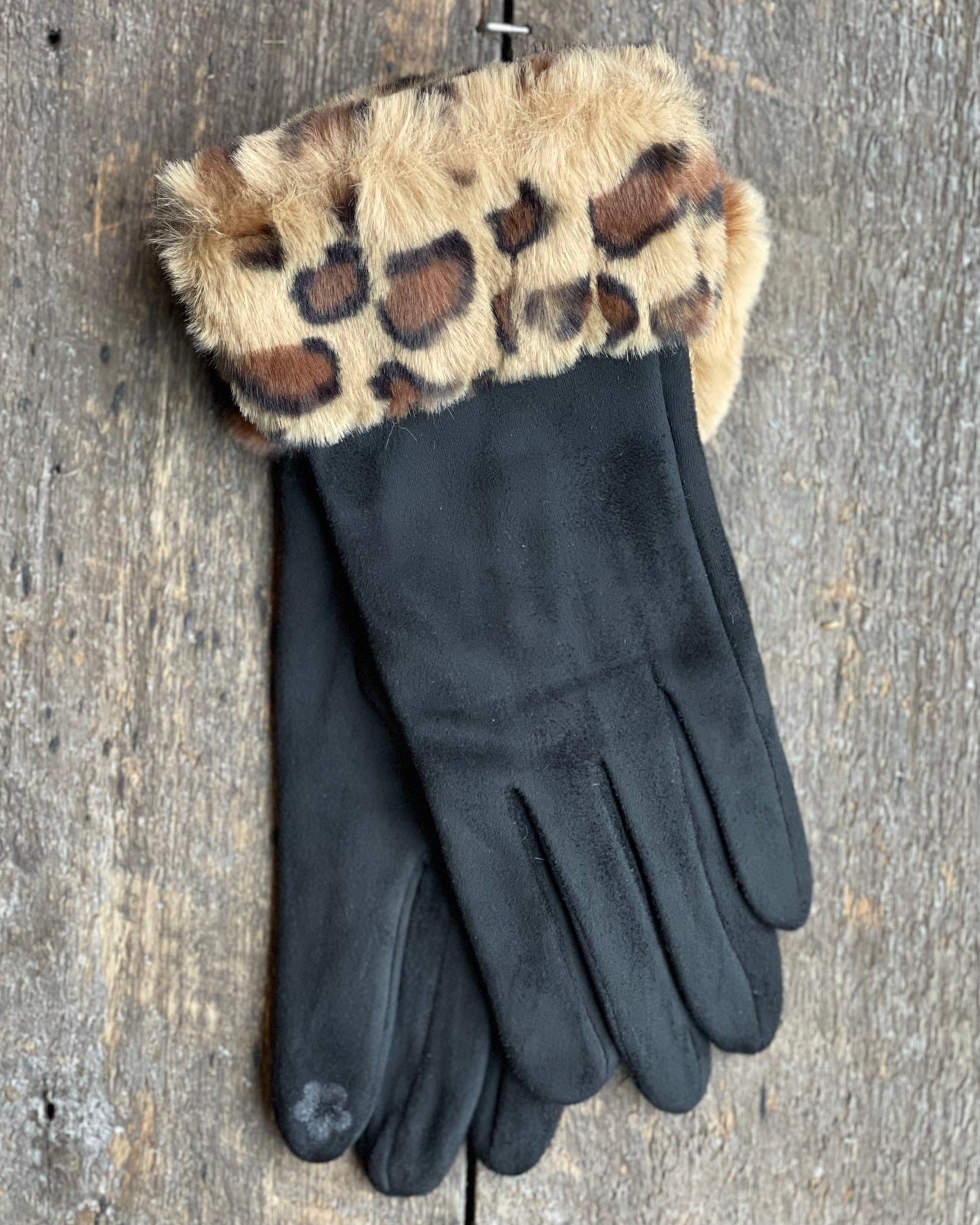 Gloves Faux Suede Gloves with Faux Fur Leopard Cuff - Black