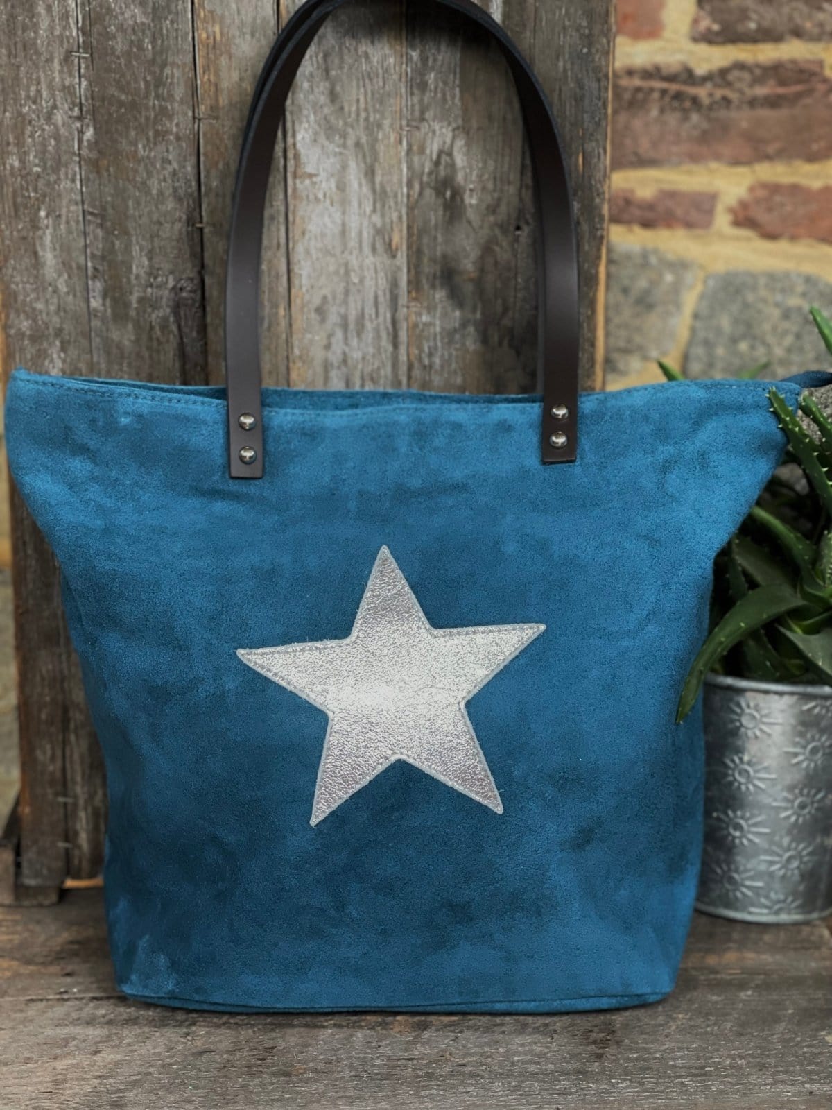 leather bag Leather And Suede Star Tote Bag - Teal