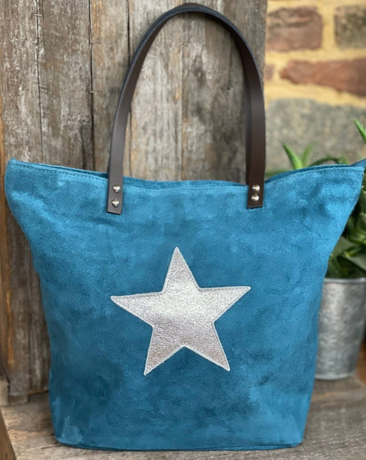 leather bag Leather And Suede Star Tote Bag - Teal