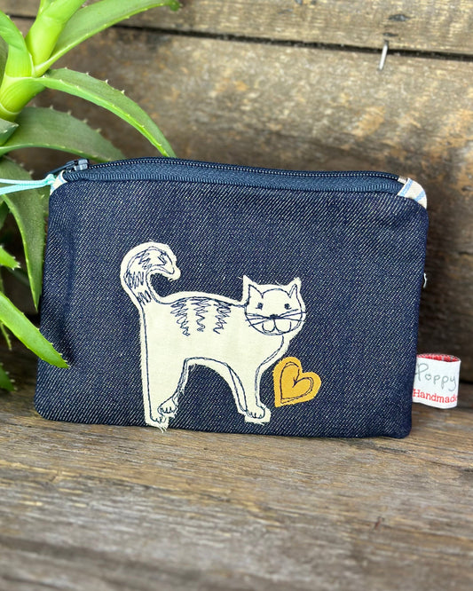 purse Cute Cat Embroidered Coin Purse - Denim